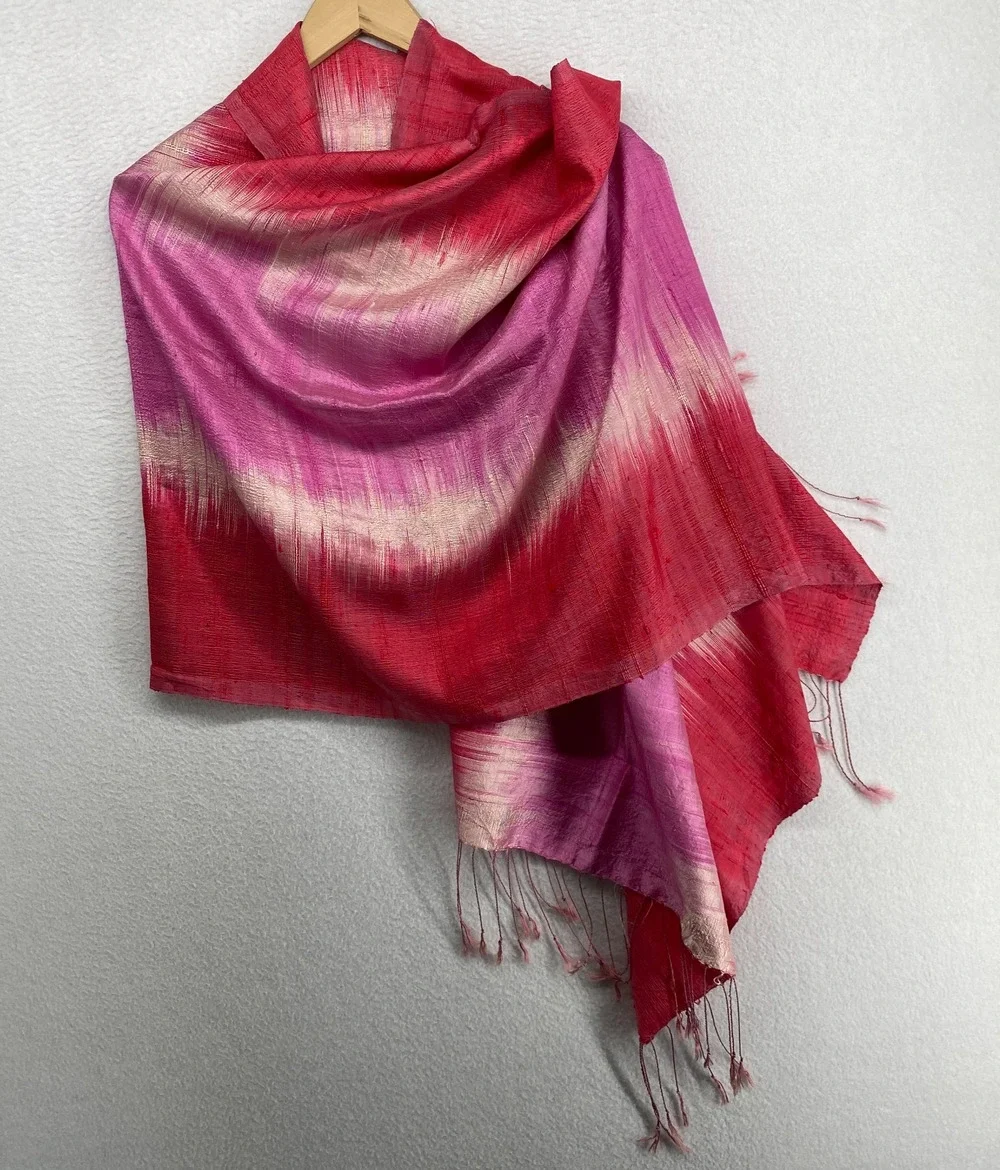 Raw Silk Scarf Textured Weave Tie Dye Fringed Ikat Rectangular Wrap Shawl Red